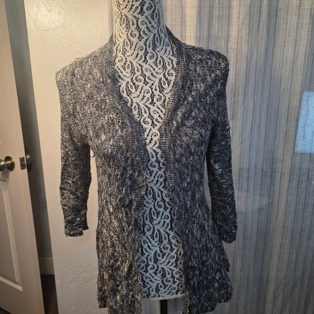 Two One Two NewYork Open Front Cardigan Womens S Marled Knit Black Gray Longline